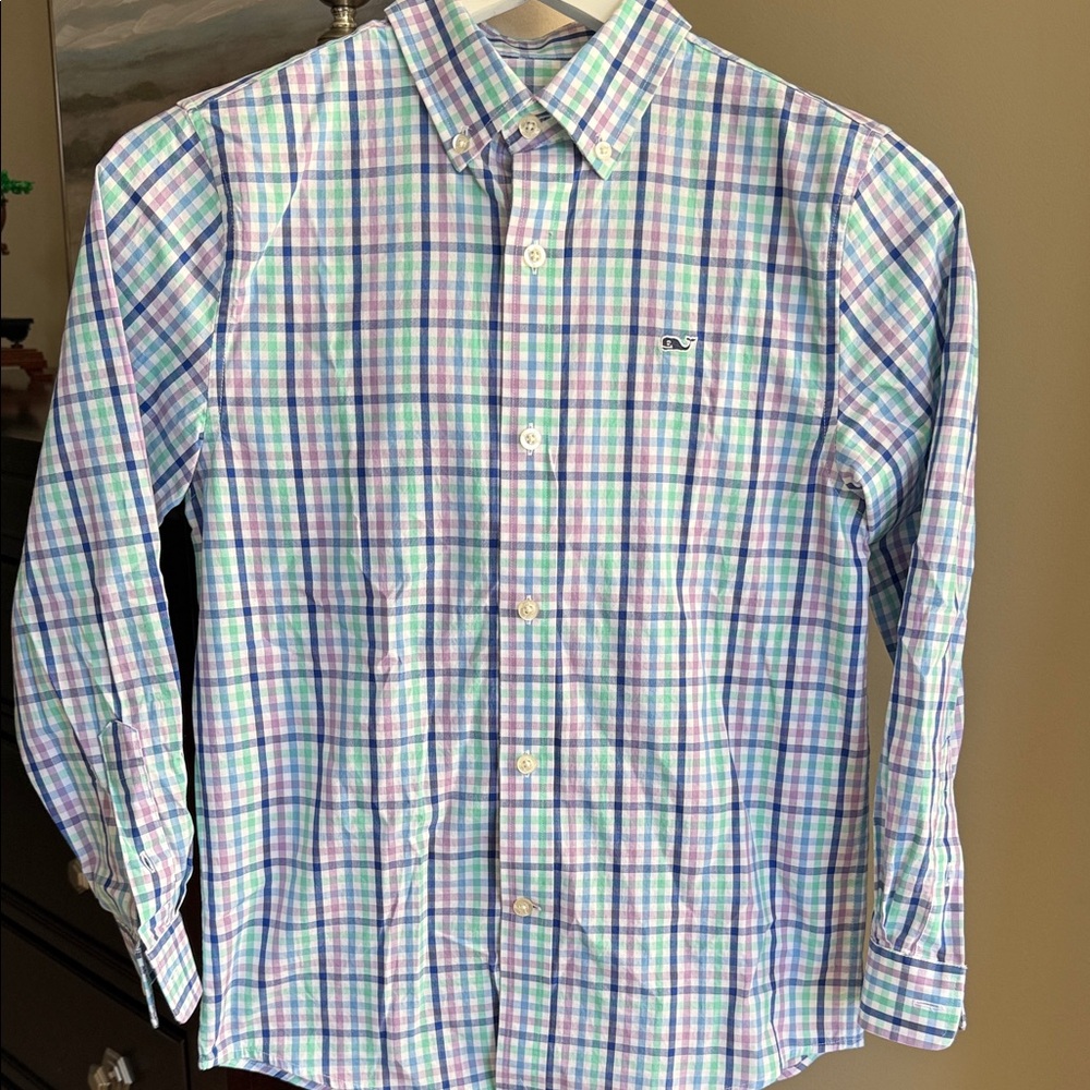 Vineyard Vines Boys small (8-10) Blue and Green Ian and Shep Plaid Shirt